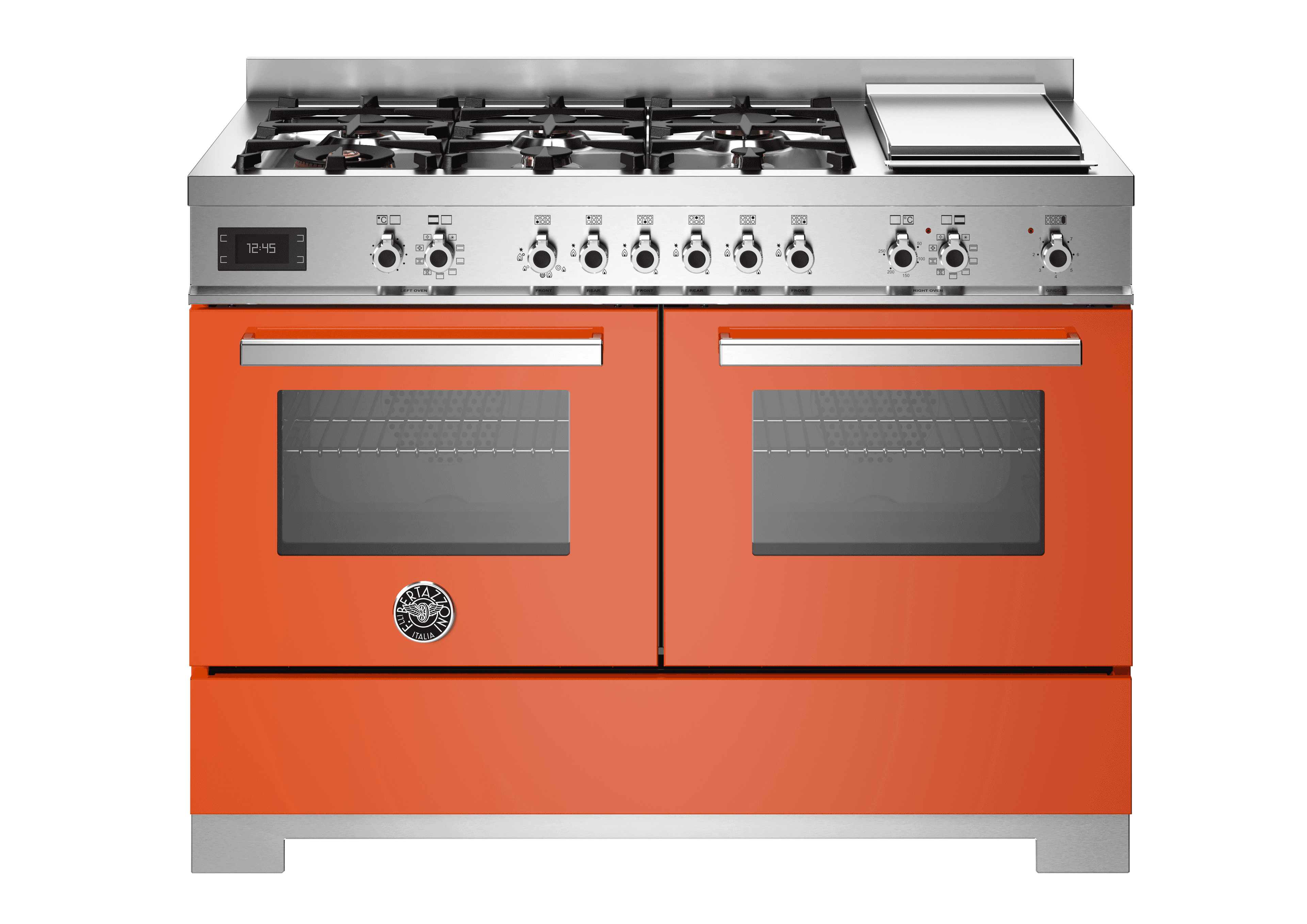 Bertazzoni, Professional-serien, Gasspis, 120 cm, 6 brännare + elektrisk stekbord, 2 ugnar. Orange