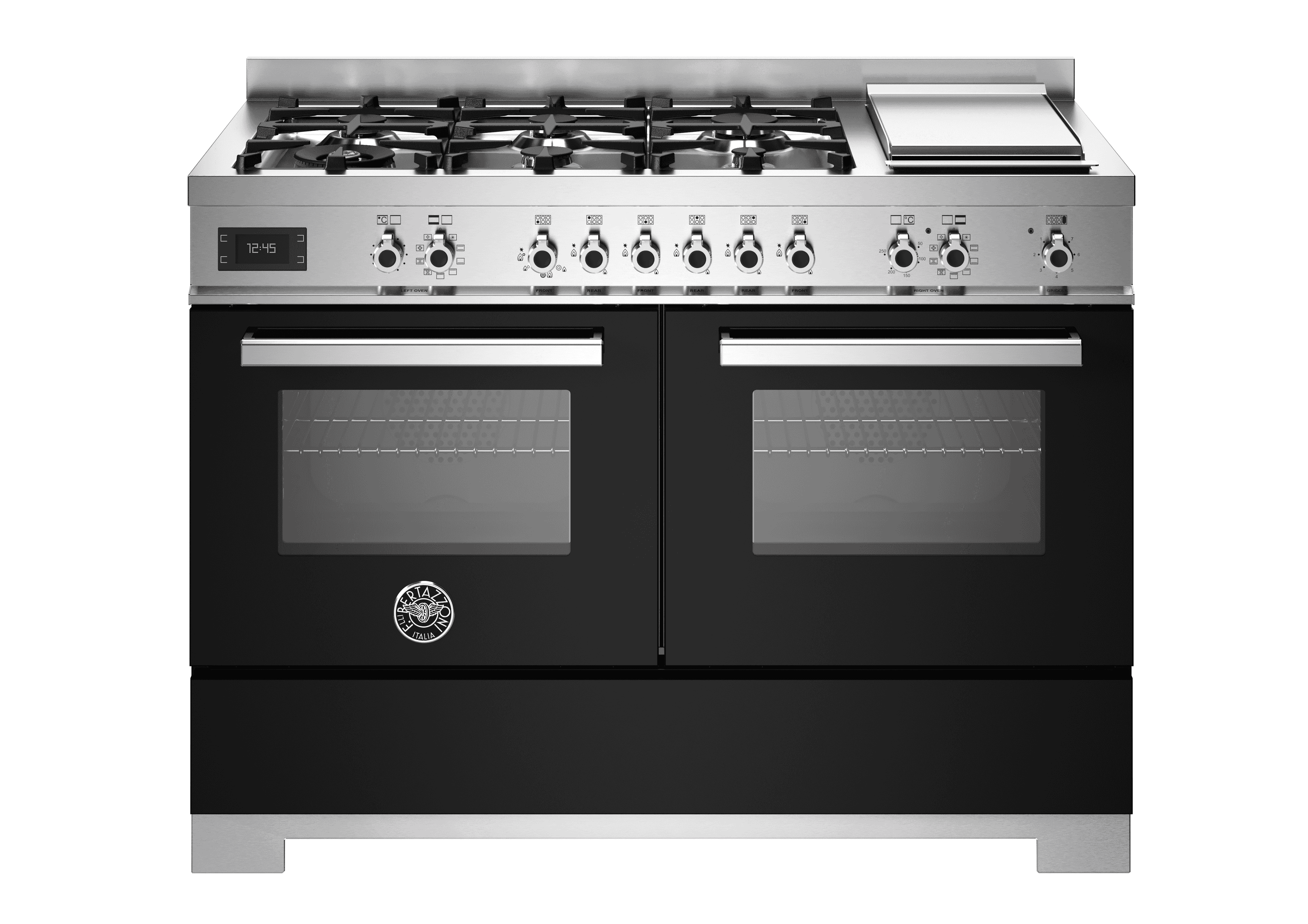 Bertazzoni, Professional-serien, Gasspis, 120 cm, 6 brännare + elektrisk stekbord, 2 ugnar. Svart