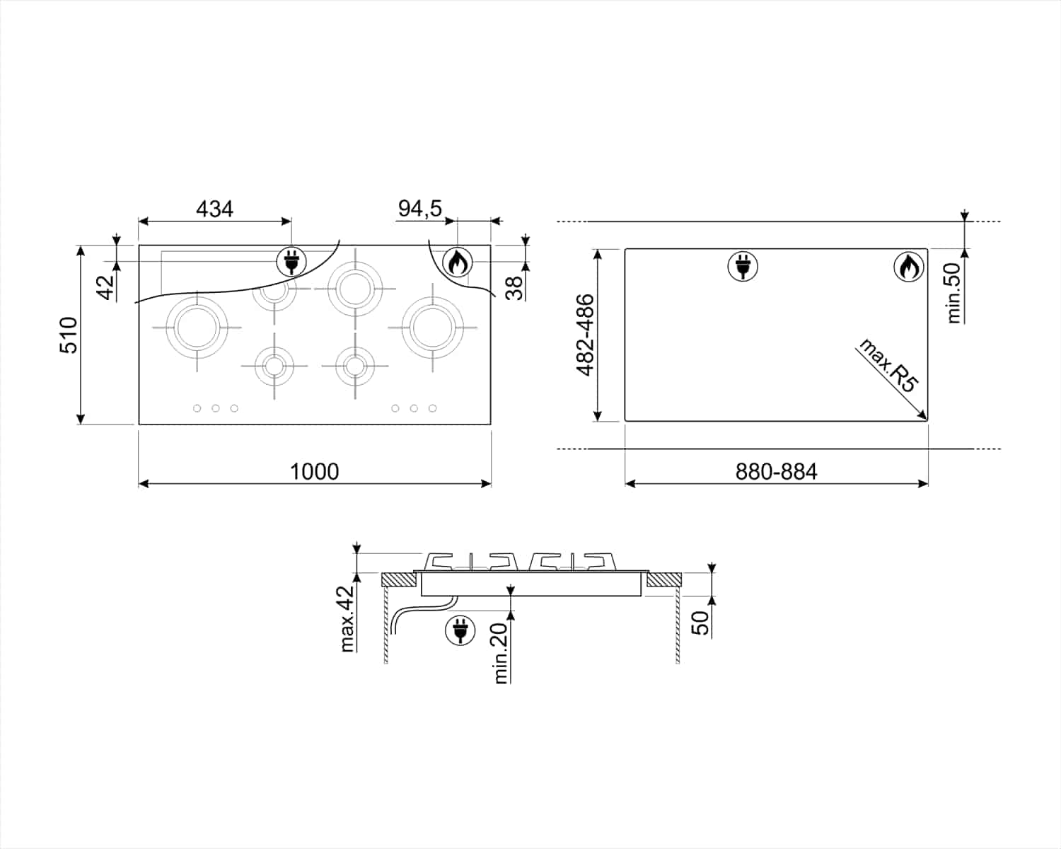 Smeg Gashäll 100 cm Rostfritt stål Dolce Stil Novo