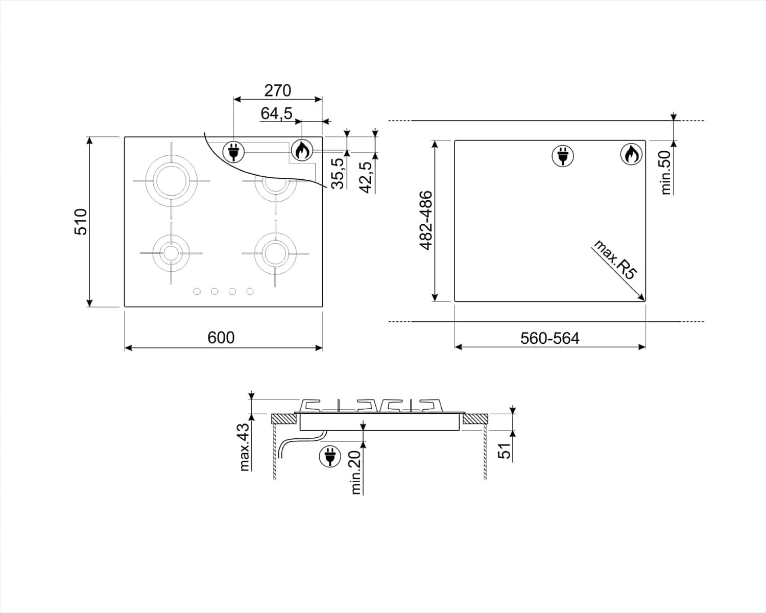 Smeg, Gashäll 60 cm Svart Dolce Stil Novo