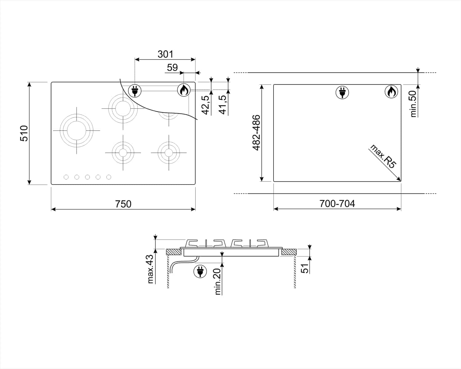 Smeg, Gashäll 70/75 cm Rostfritt stål Dolce Stil Novo