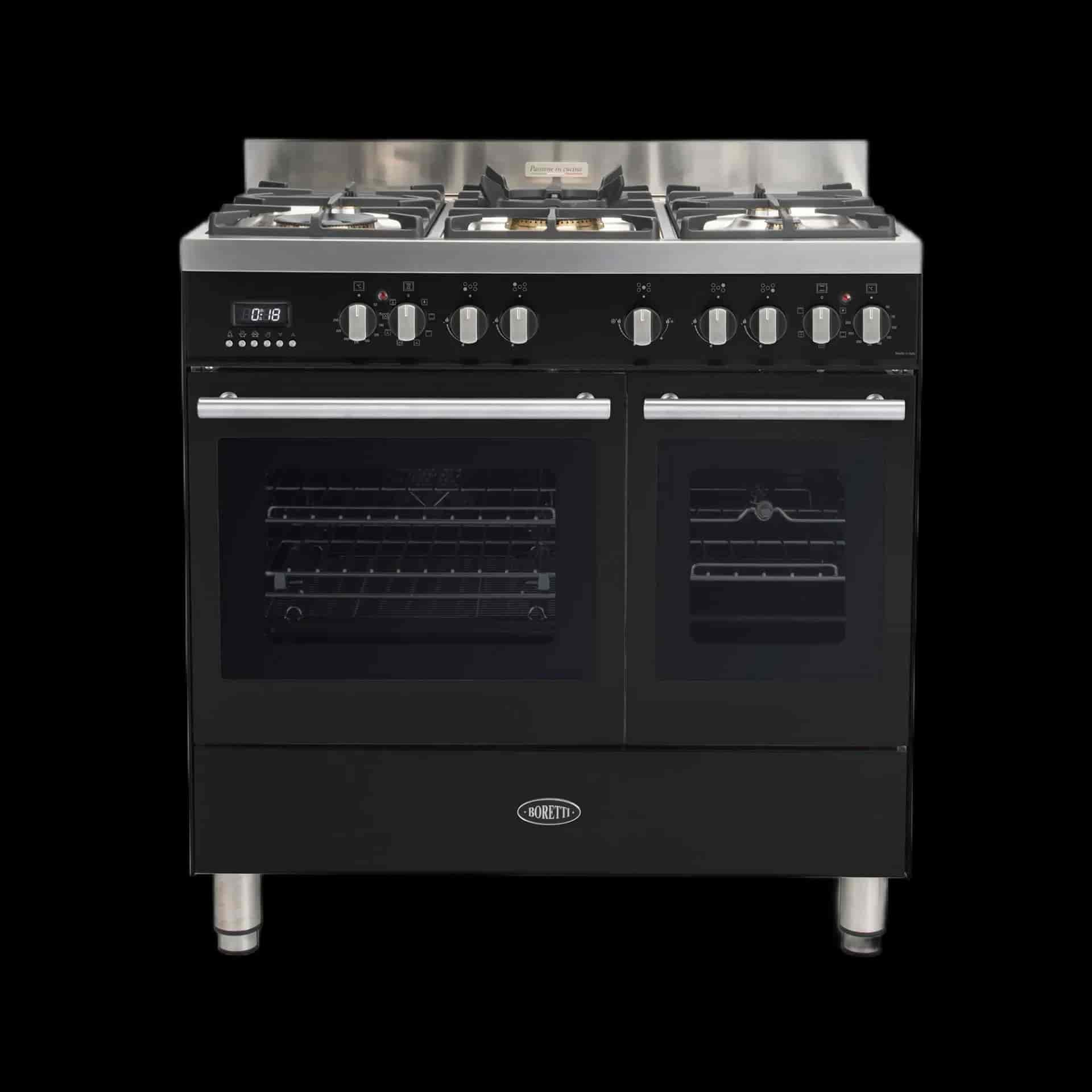 Boretti Milano gasspis 90cm, 5 brännare, 2 ugnar, svart