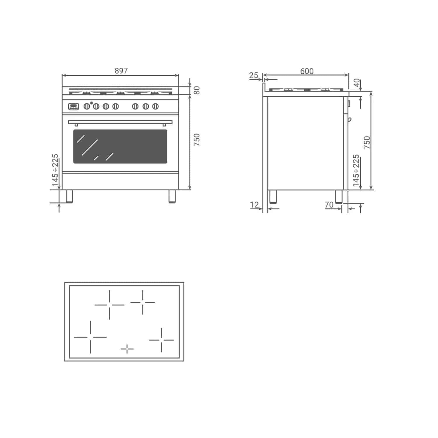 Boretti Milano induktionsspis 90cm, 4 zoner, 1 ugn, anthracite