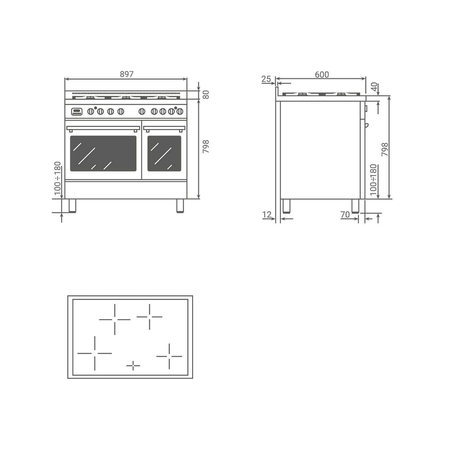 Boretti Milano induktionsspis 90cm, 4 zoner, 2 ugnar, rostfri